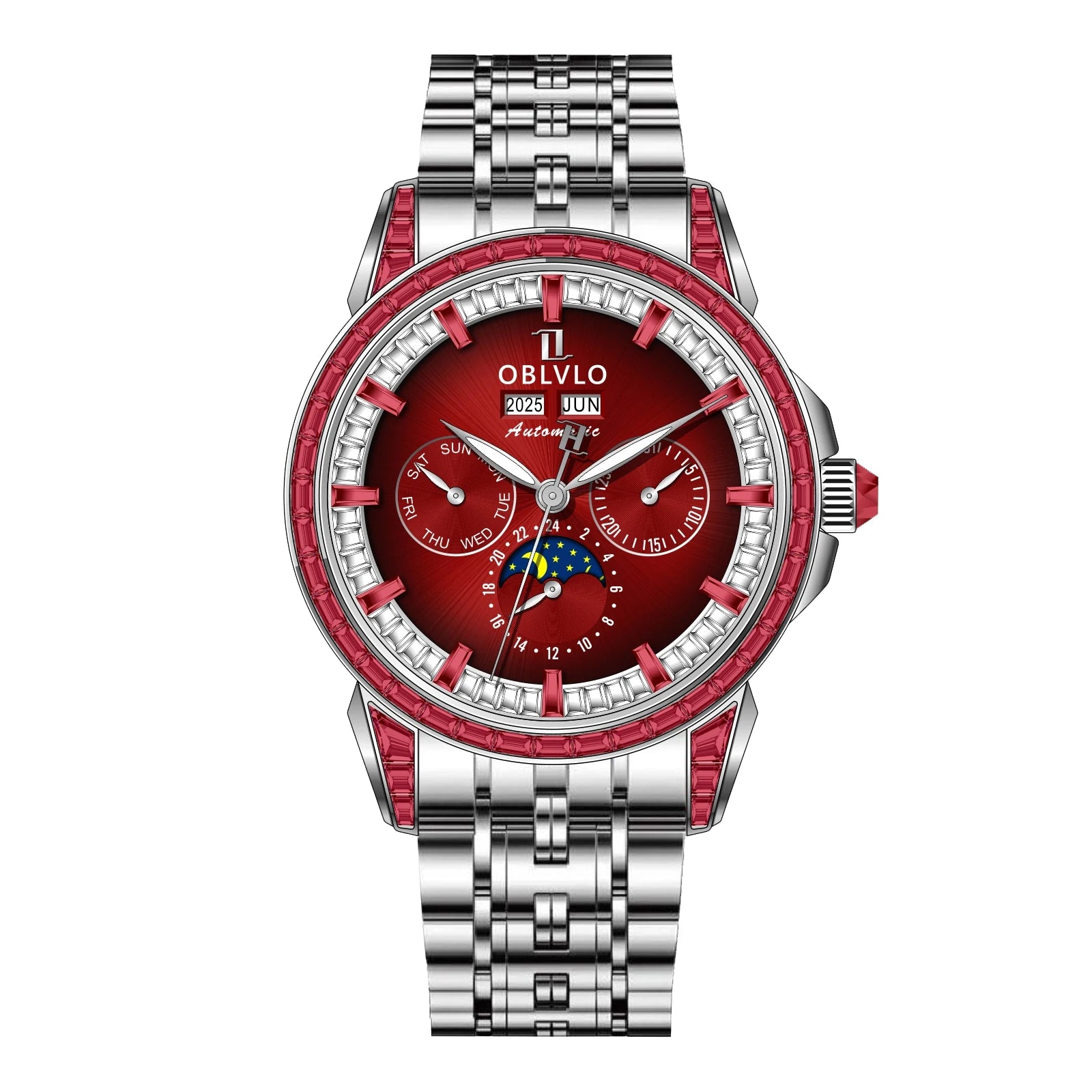 Moonphase Automatic Leather Strap Watch Complete Calendar — Red | KIMLUD