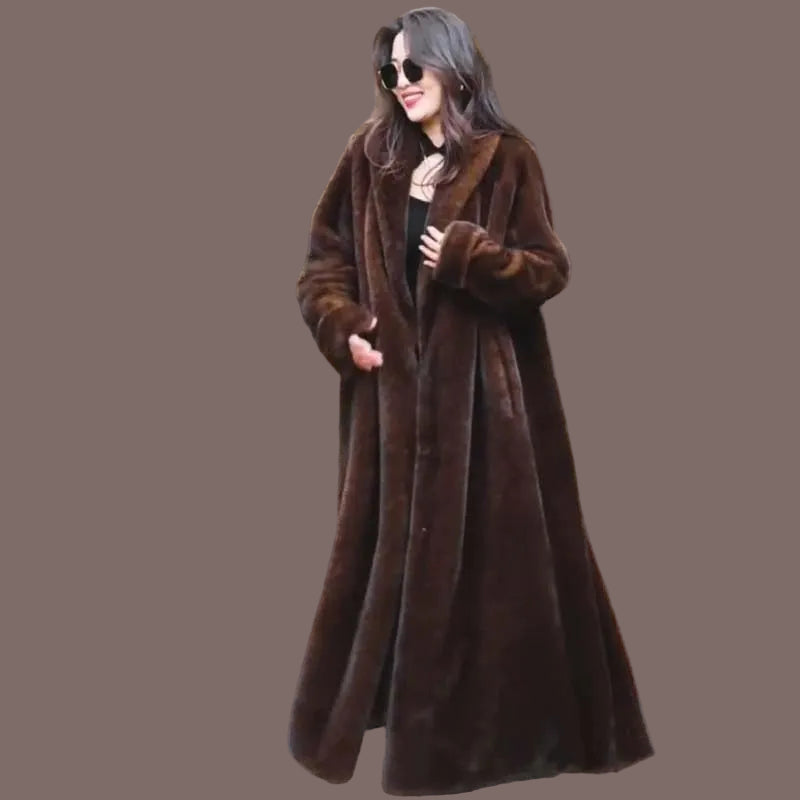 Women Faux Fur Coats Knee Length Coat Turn Down Collar Thick Warm Elegant Maxi Y2k Streetwear Outerwear Jackets Winter Spring