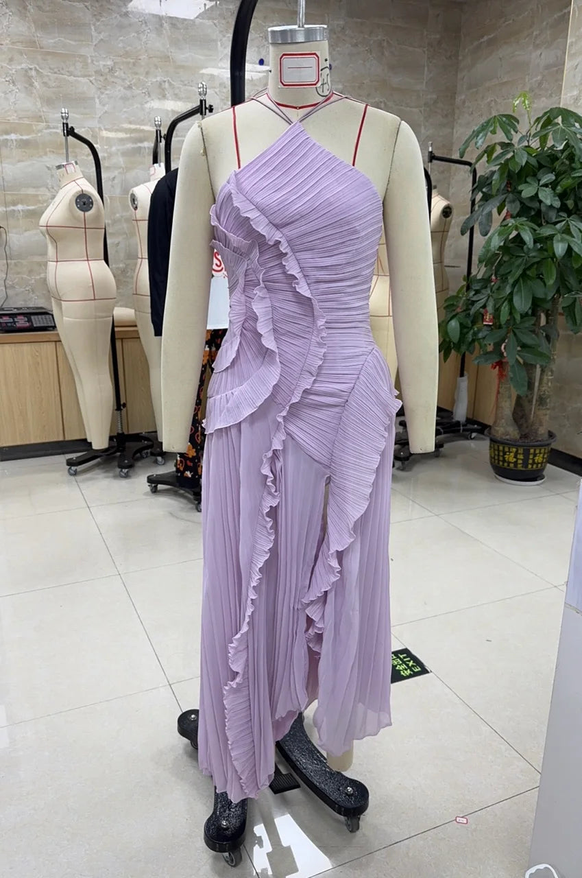 Ruffle Pleated Halter Maxi Dress With Irregular Tiered Pleats — Lavender | KIMLUD