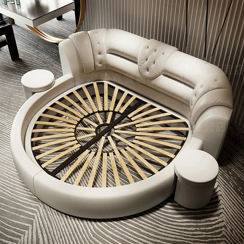 European Style Round Bed Luxury Leather Surface — Ivory White | KIMLUD