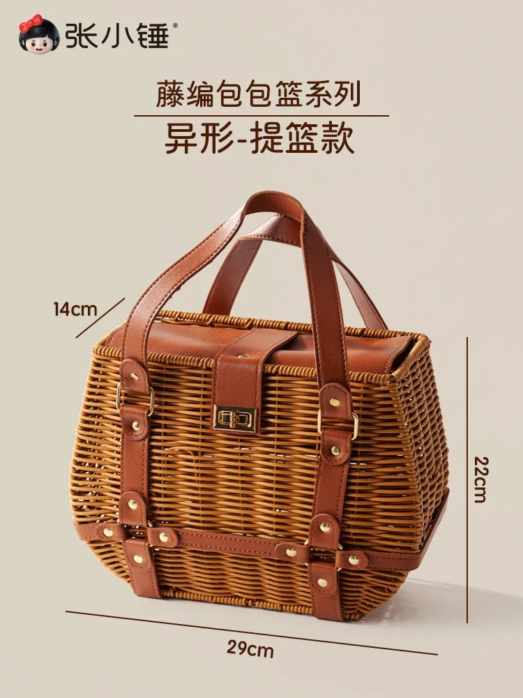 Rattan Woven Handbag with Storage Box Forest Department Pastoral Beach Holiday Wind Female Bag INS Wind Handbag