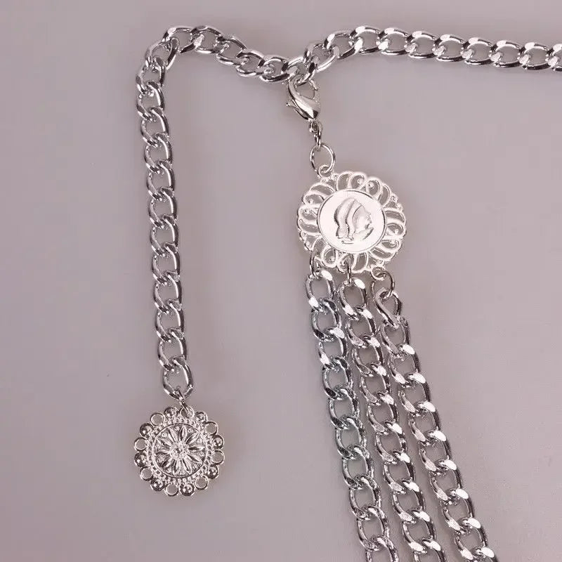 Metal Punk Hip Hop Waist Chain Multilayer With Long Tassel Coin Pendant — Silver | KIMLUD