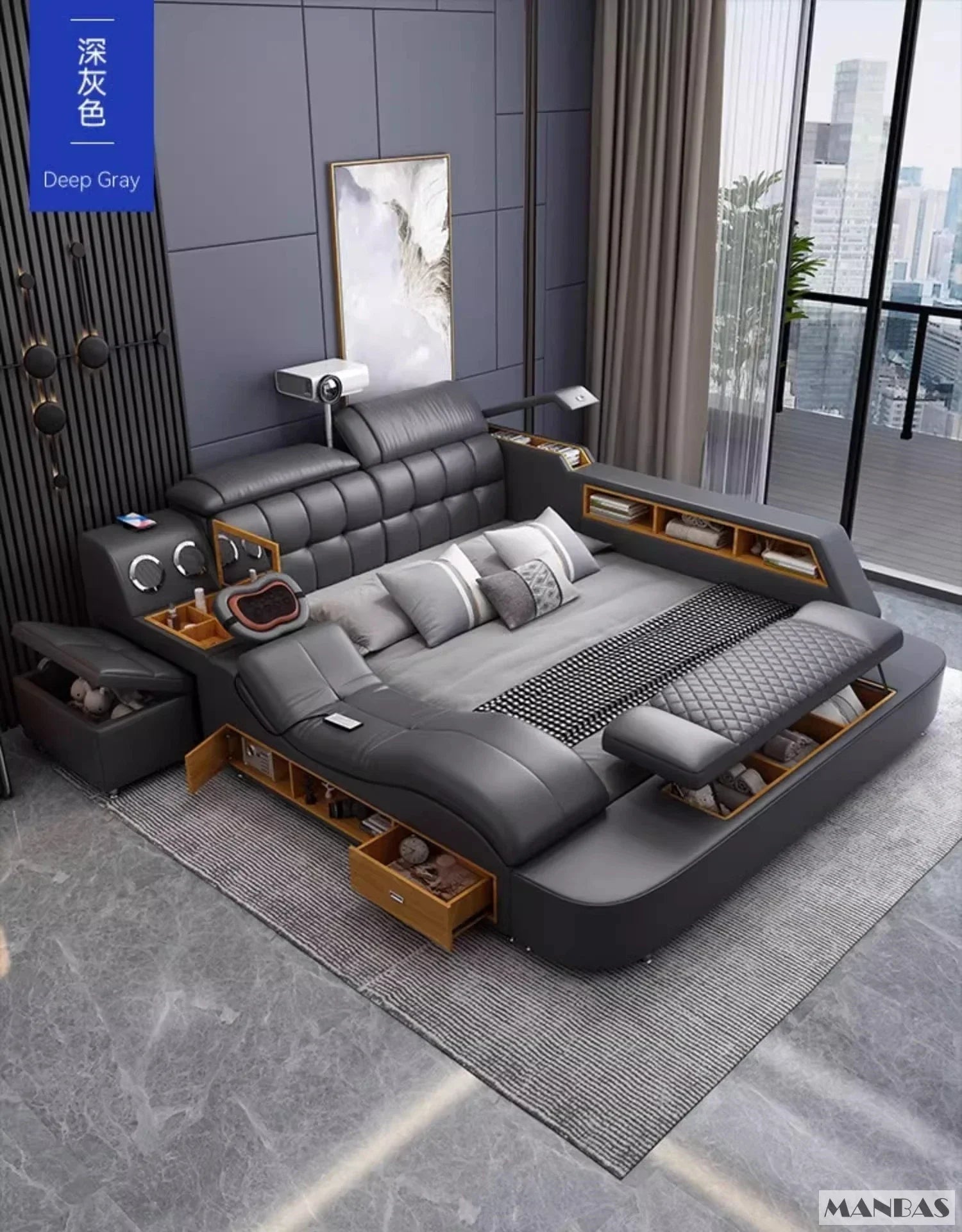 Genuine Leather King-Size Bed With USB Massage — Graphite Gray | KIMLUD