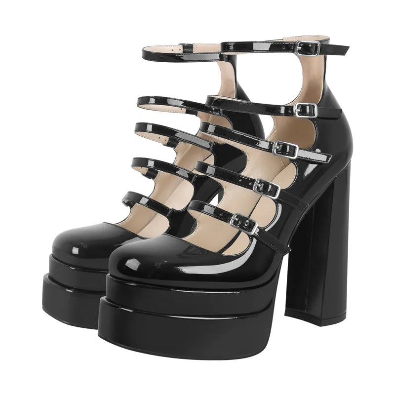 Pumps – Buckle Strap Platform – Patent Leather – Black | KIMLUD
