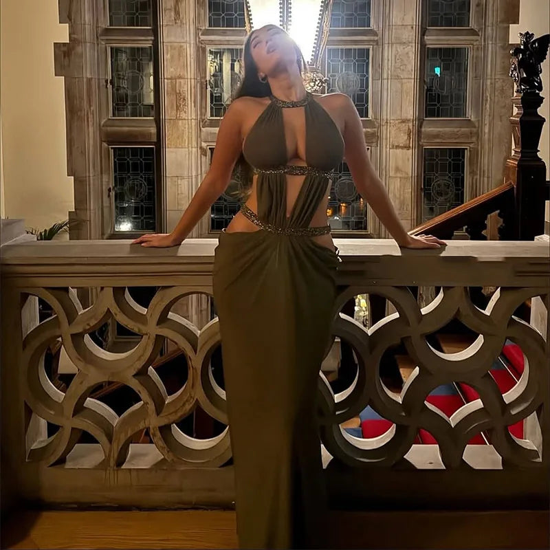 Fashion Hollow Out Maxi Dress Women's Chic U-neck Long Sleeve Solid High Waist Slim Dresses 2025 Lady Sexy Party Vacation Gown