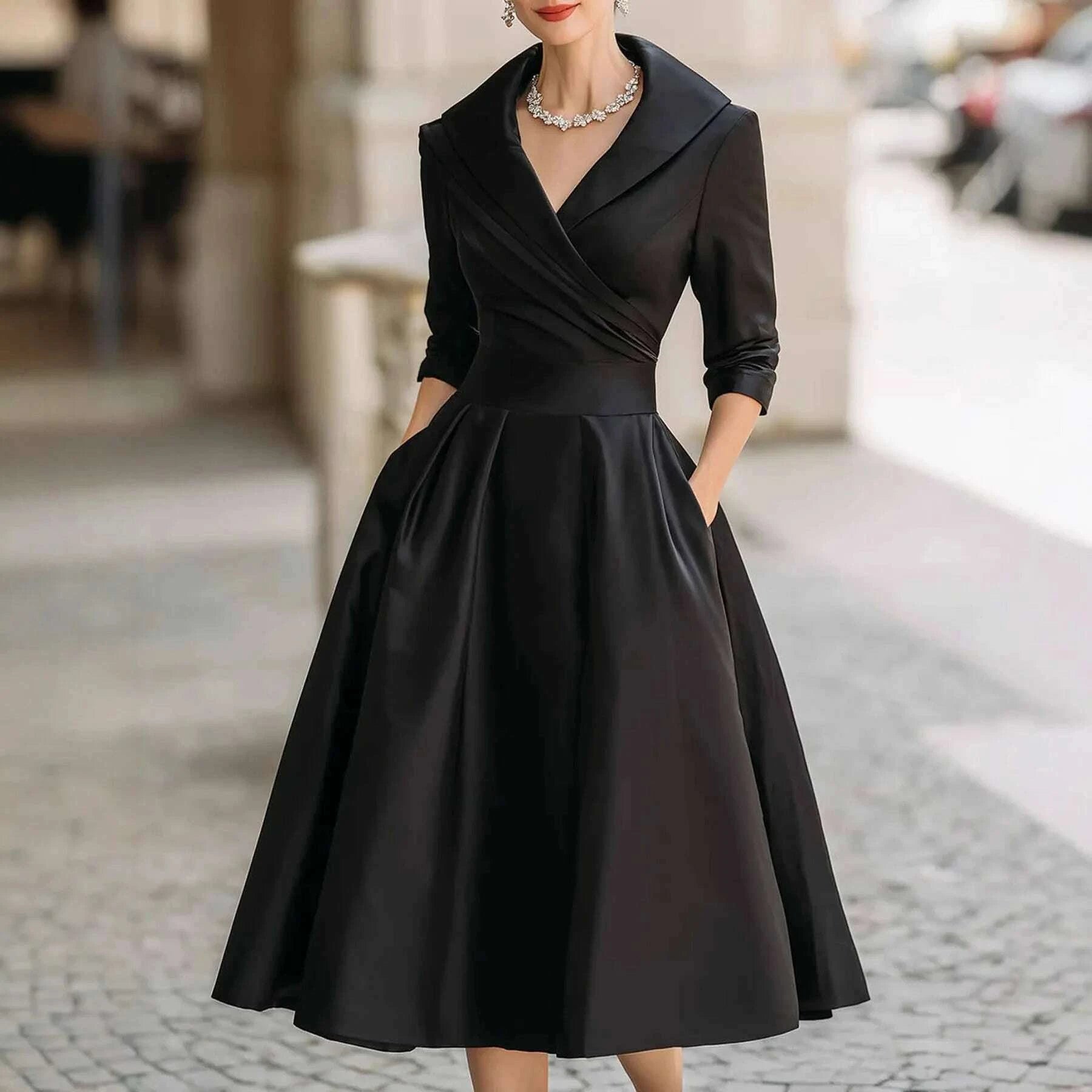 Women Elegant Wedding Guest Dress Turndown Collar Mid-Length Waisted A-Line Evening  Dress Cocktail Party Satin Midi Dresses