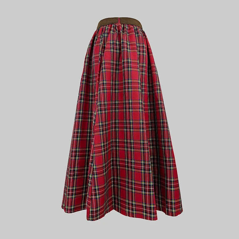 KIMLUD, Women's Red Plaid High Waist Skirt with Belt/Lined 2026 New A-line Vintage Pockets Christmas Party Elegant Long Skirts 195448, KIMLUD Womens Clothes
