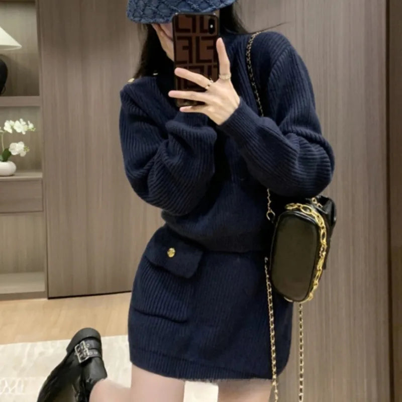 KIMLUD, Navy Blue Dress Sets for Women Long Sleeve Tops Knitted Mini Skirts Pockets Fashion Autumn Winter High Street Ins Korean Style, KIMLUD Womens Clothes