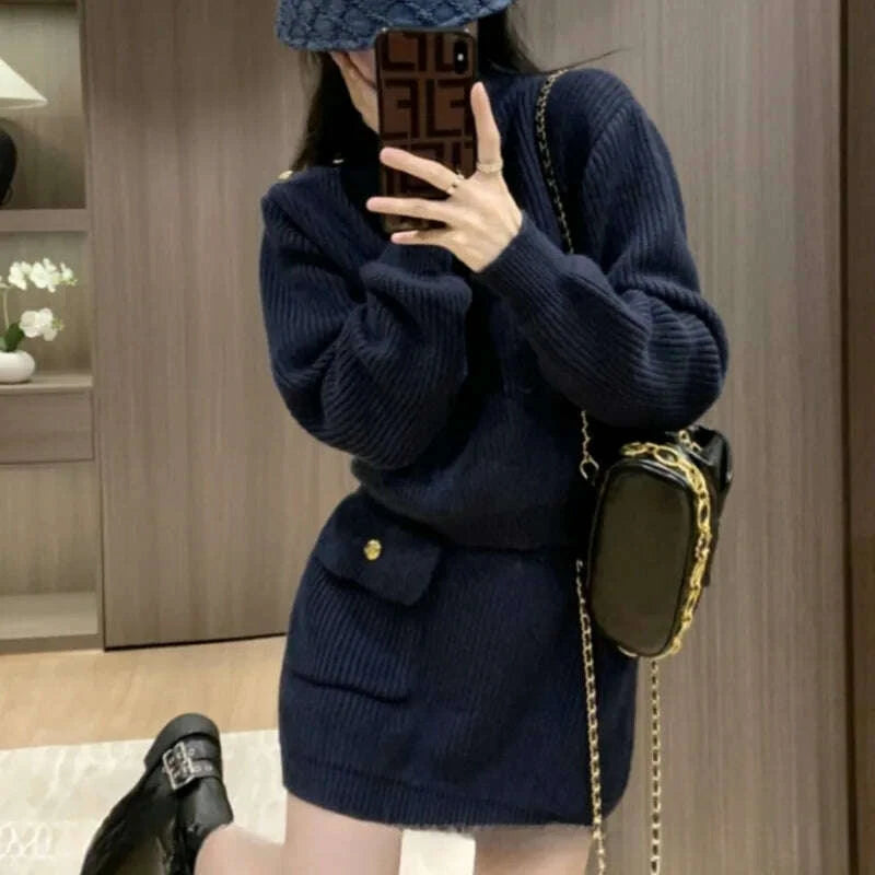 KIMLUD, Navy Blue Dress Sets for Women Long Sleeve Tops Knitted Mini Skirts Pockets Fashion Autumn Winter High Street Ins Korean Style, KIMLUD Womens Clothes