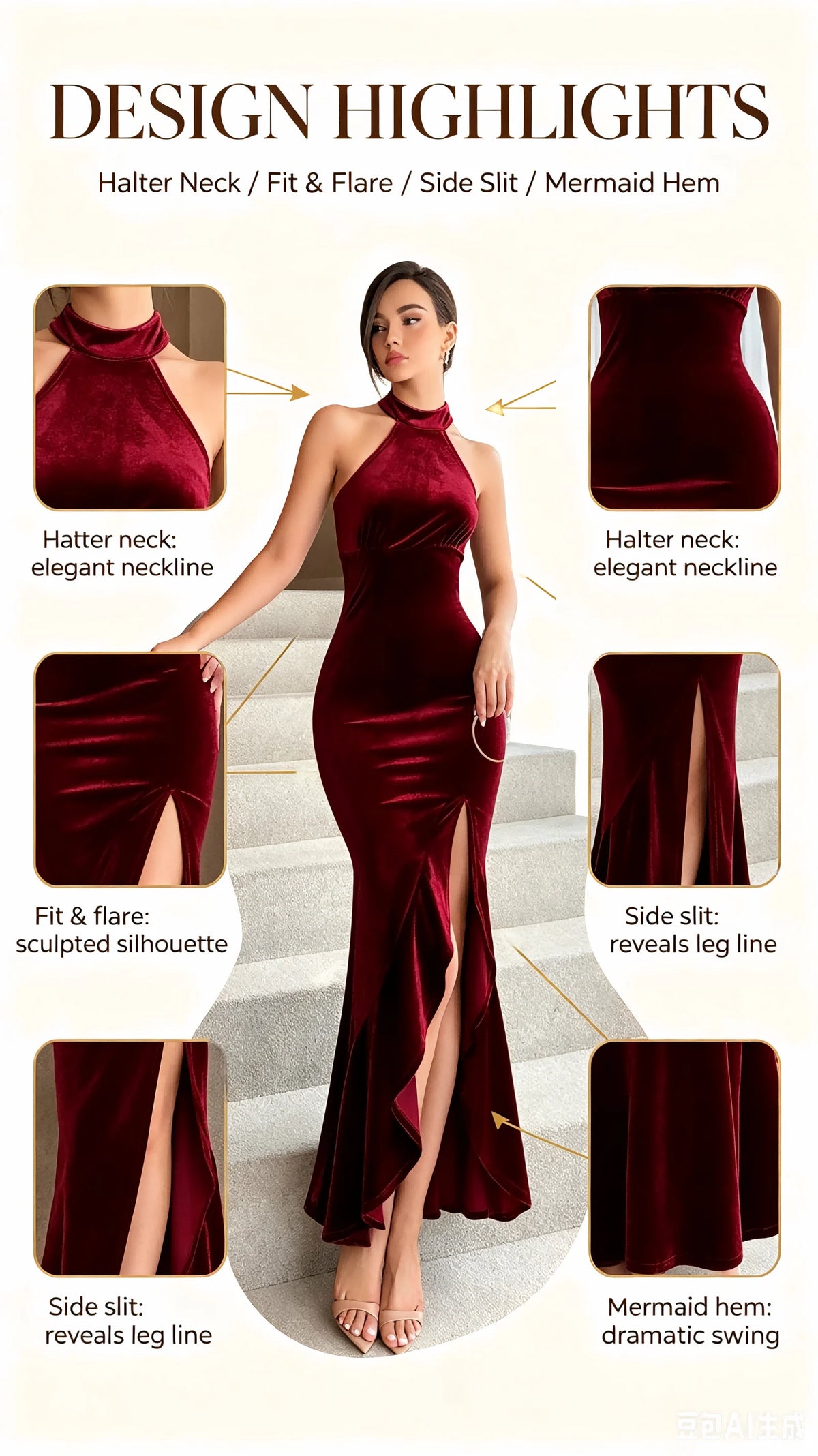 Mermaid Gown – Halter Neck – Polyester – Burgundy | KIMLUD