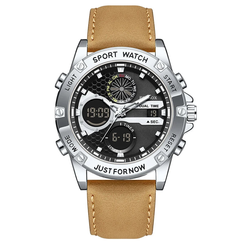 LIGE FOXBOX Fashion Electronic Watches for Men Leather Military Casual Sports Waterproof Dual Digital Display Quartz Chronograph