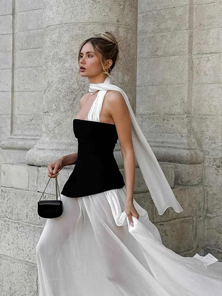 Elegant Color Blocking Ribbon Long Dress Fashion Off Shoulder High Wai