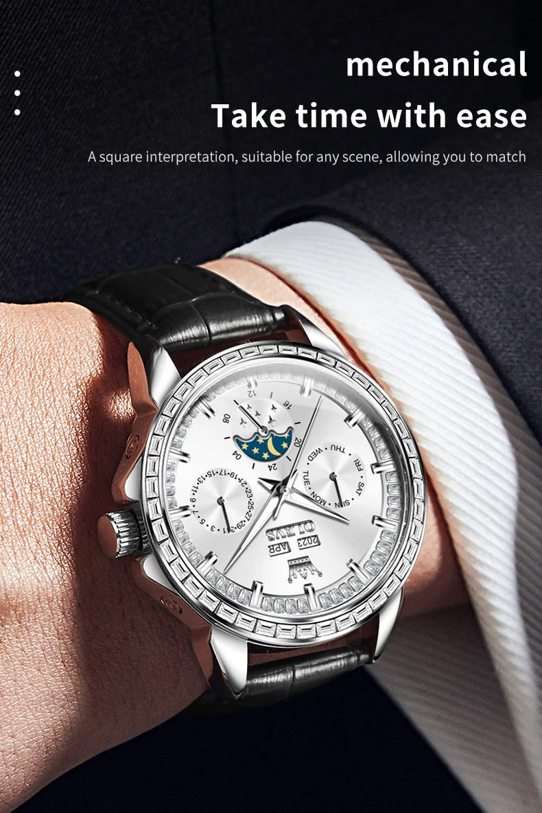 Moon Phase Leather Luxury Watch Diamond Bezel With Automatic Movement 41mm Case — Blue | KIMLUD