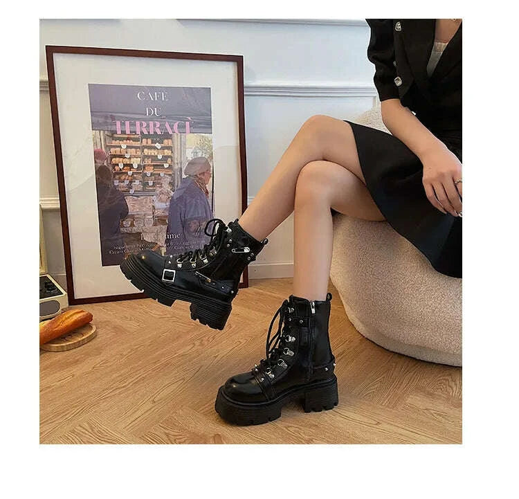 KIMLUD, 2024 NEW Punk Style Women Boots Lace-up heel height Platform Shoes Woman Gothic Ankle Rock Boots Metal Decor Woman Sneakers, KIMLUD Womens Clothes