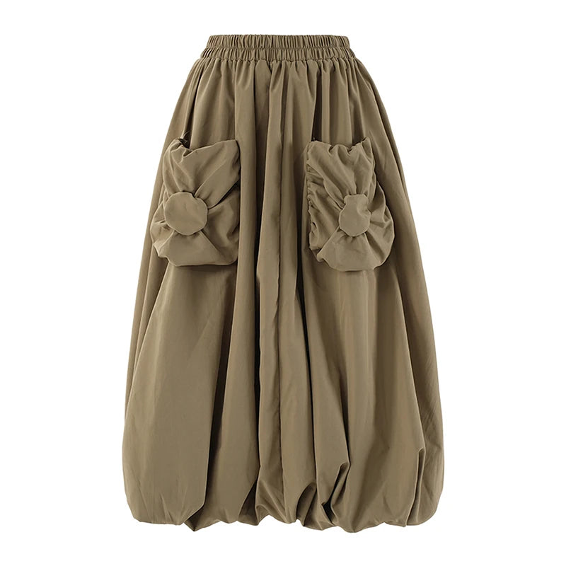 Skirt – High Elastic Waist – A-Line Silhouette – Khaki | KIMLUD
