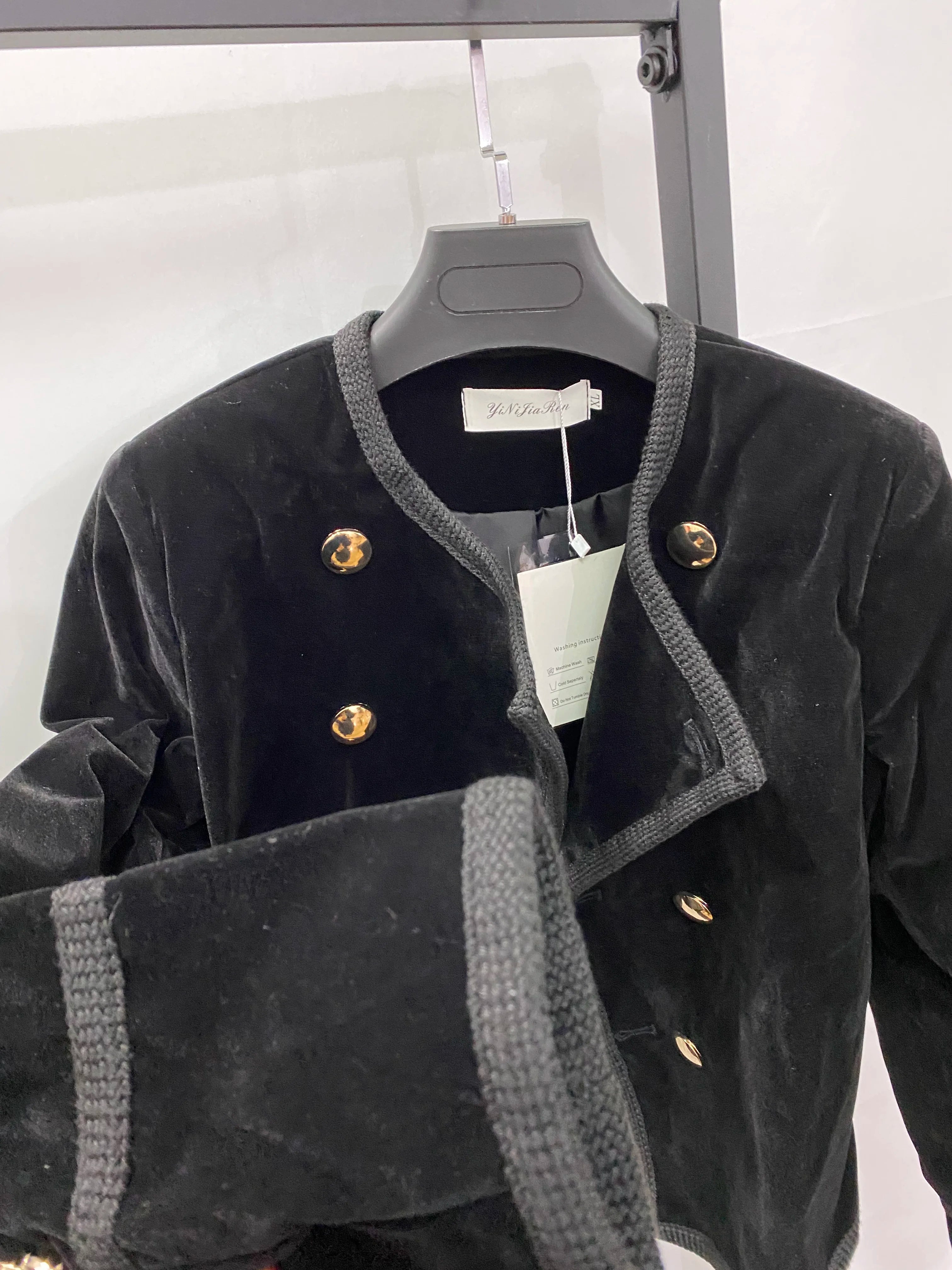 Women Short Jacket Coat Autumn Winter Double Breasted Suit Female Velvet Black Slim Outwear