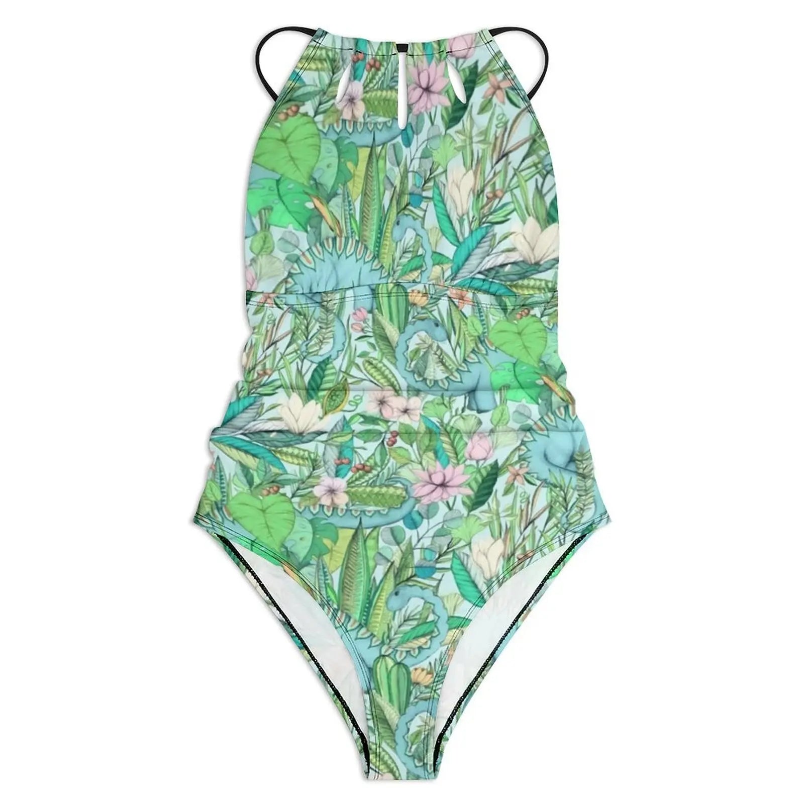 Halter One-Piece Swimsuit With Botanical Dinosaurs Print — Pastel Green | KIMLUD