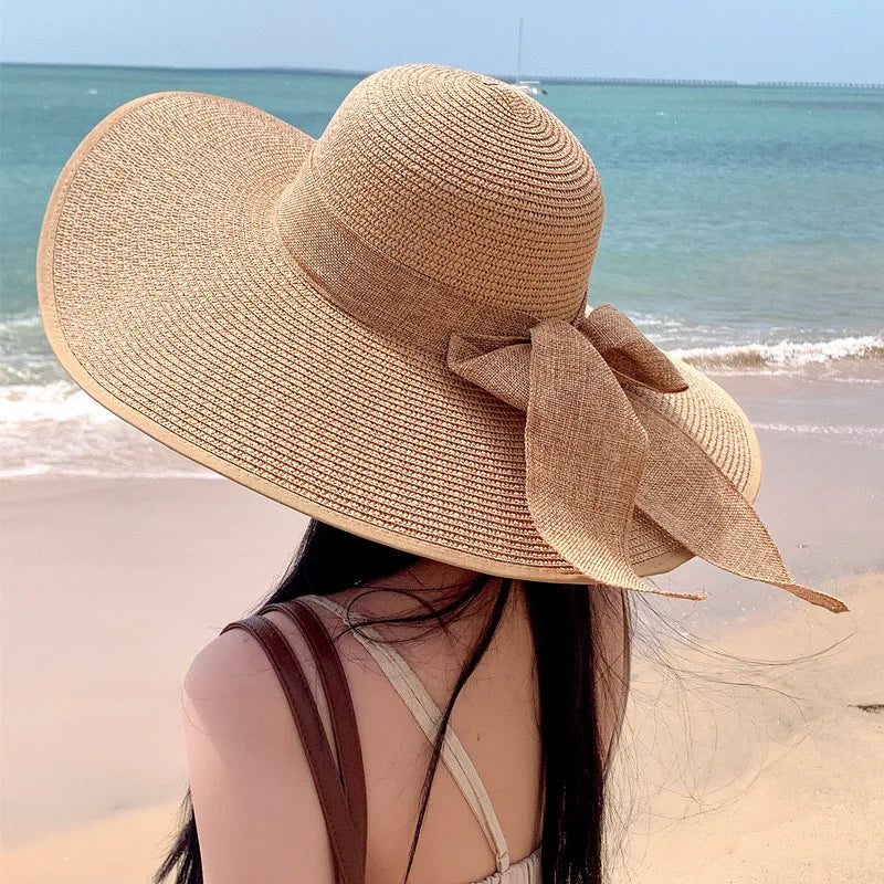 Straw Bow Hat Large Brim Sun Protective — Natural | KIMLUD