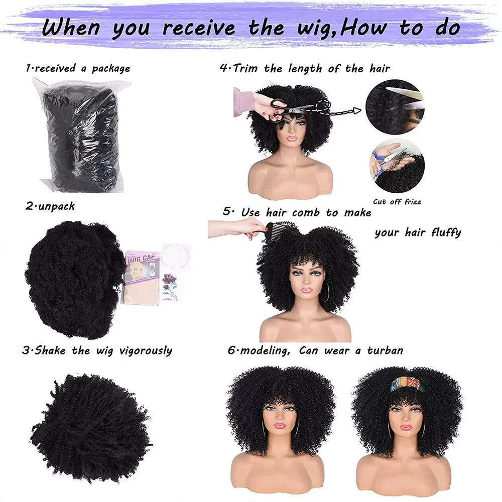 Afro Kinky Curly Hair Wigs With Bangs — Natural Brown Mixed | KIMLUD