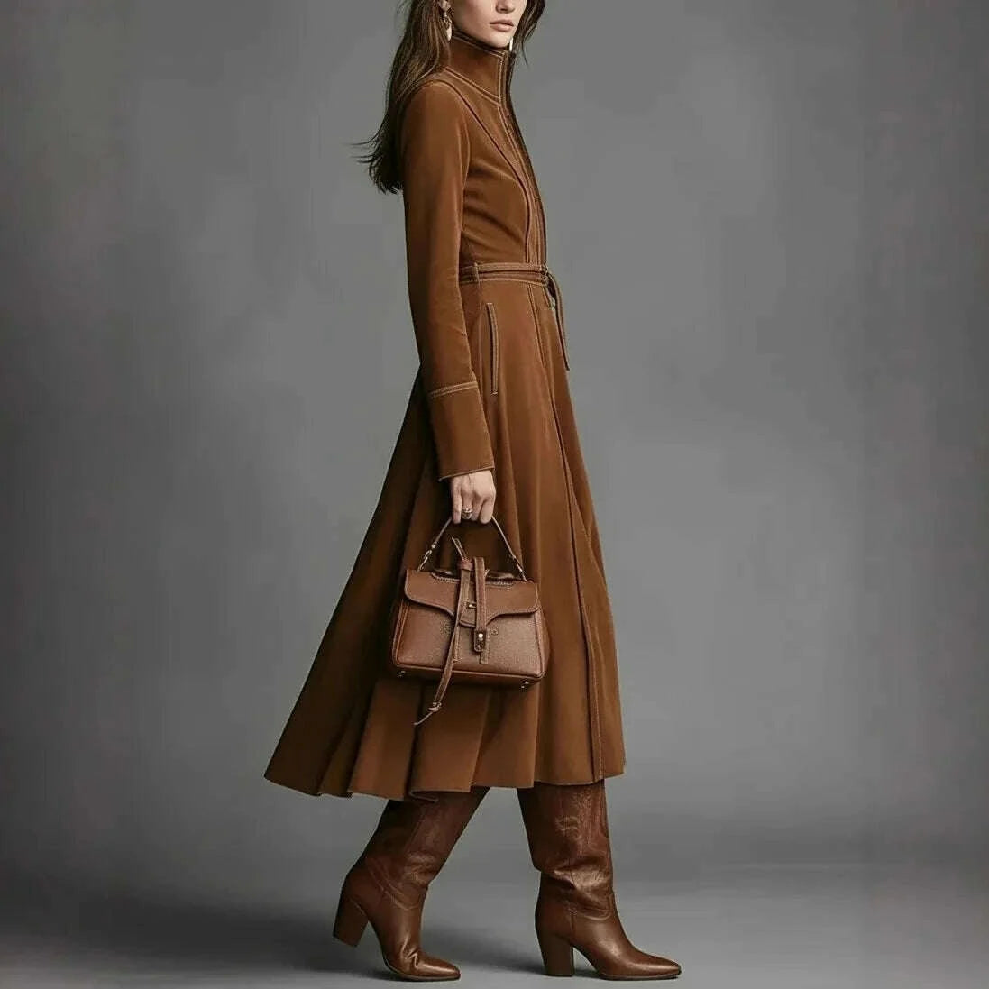 KIMLUD, Elegant Vintage Suede Long A- Line Skirt with Belt And Zipper High Waist Travel Business Casual Party Streetwear Daily Dress, KIMLUD Womens Clothes