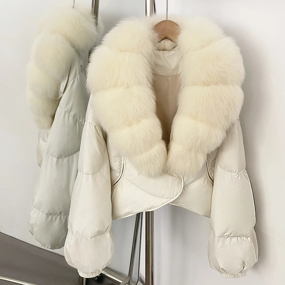 Down Coat – Real Fox Fur Trim – Duck Down – Natural | KIMLUD