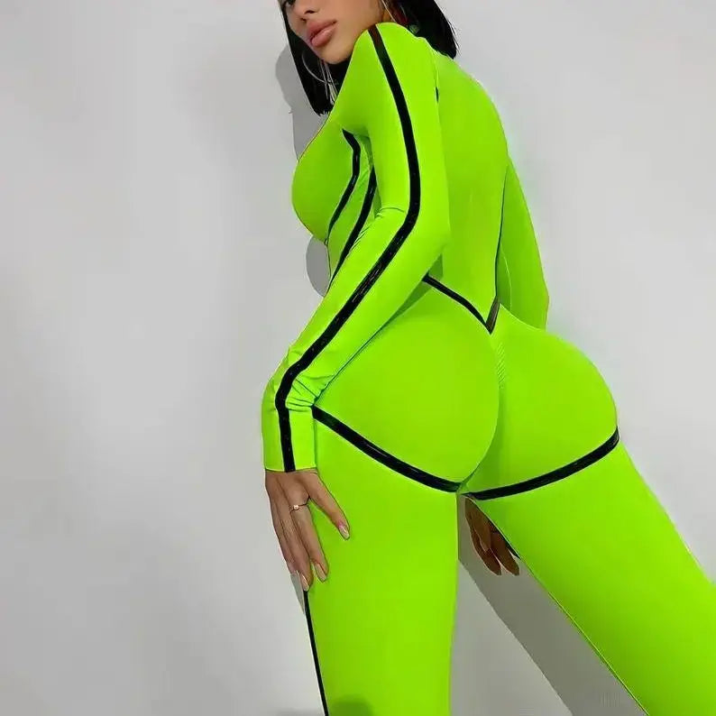 S-4XLWomen Sexy Zipper Jumpsuit Long Sleeve Bandage Tights Solid Bodysuit Female Party Bodycon Stretch Sporty Leisure
