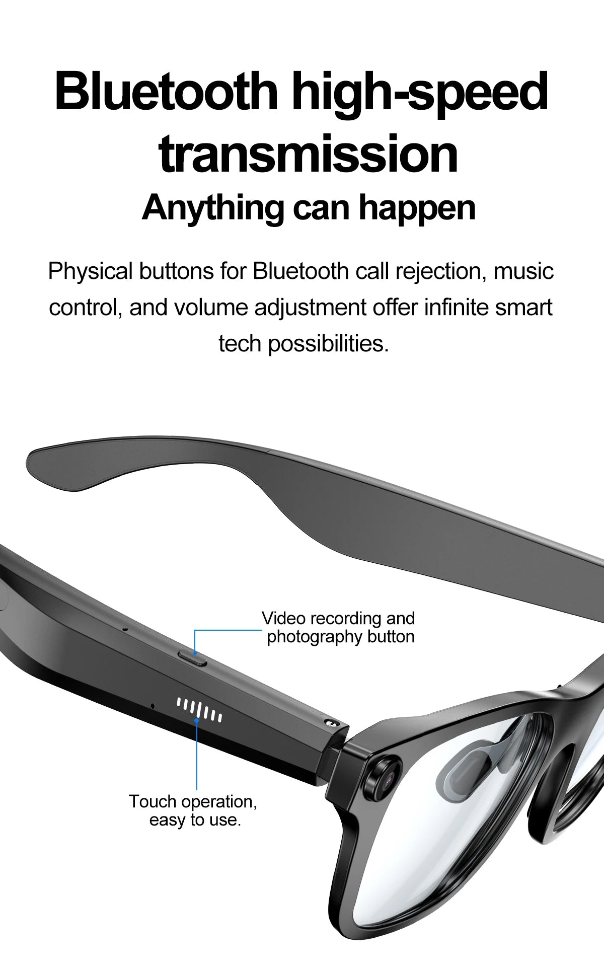 New AI Smart Glasses JL7018F Chip BT V5.4 WiFi 500W Pixel Video 1080P 2pin Magnetic Charging 220mAh Voice Call Video Recording