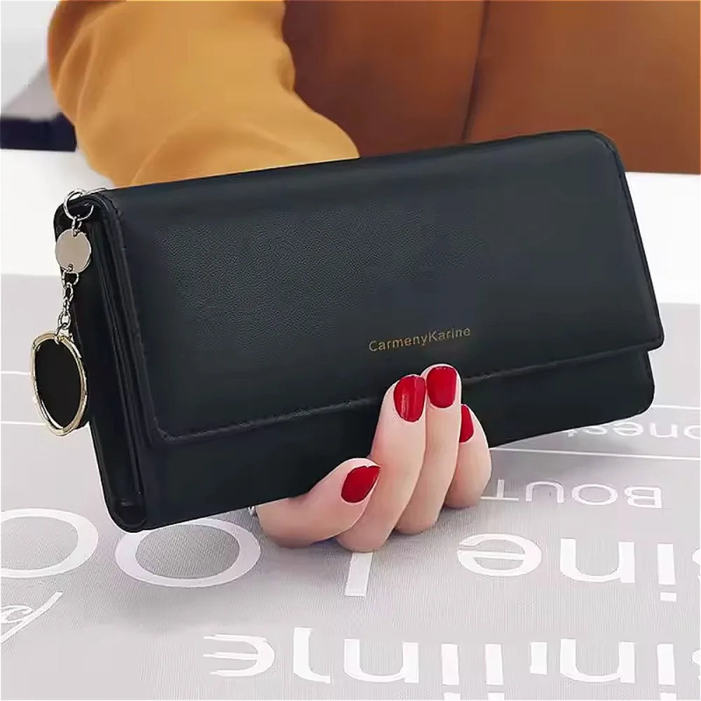 Korean Fashion Triple Folding Multi-functional Large Capacity Women's Long Wallets Clutch Solid Color Texture Simple and Elegant