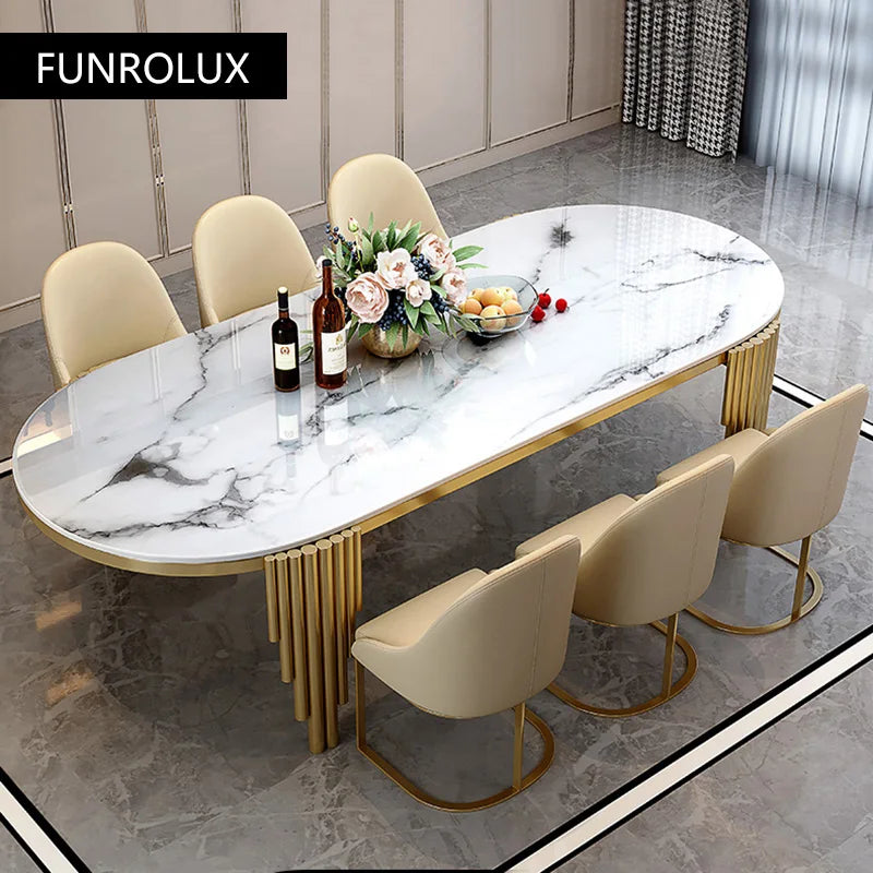 Stainless Steel Dining Set With Marble Table And Cream Upholstered Chairs — White | KIMLUD