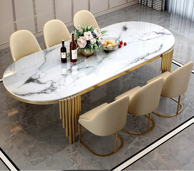 Stainless Steel Dining Set With Marble Table And Cream Upholstered Chairs — White | KIMLUD