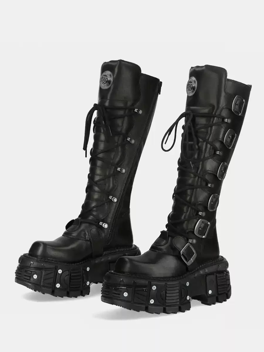 Belt Buckle Motorcycle Boots Knee High Rock Punk Round Toe Thick Bottom Leather Solid Color Fashion Sexy Women Shoes New