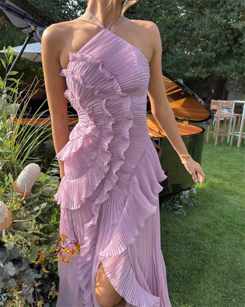 Mozision Elegant Off-shoulder Ruffle Sexy Maxi Dress Women Fashion Halter Sleeveless Backless Draped Pleated Club Party Dress