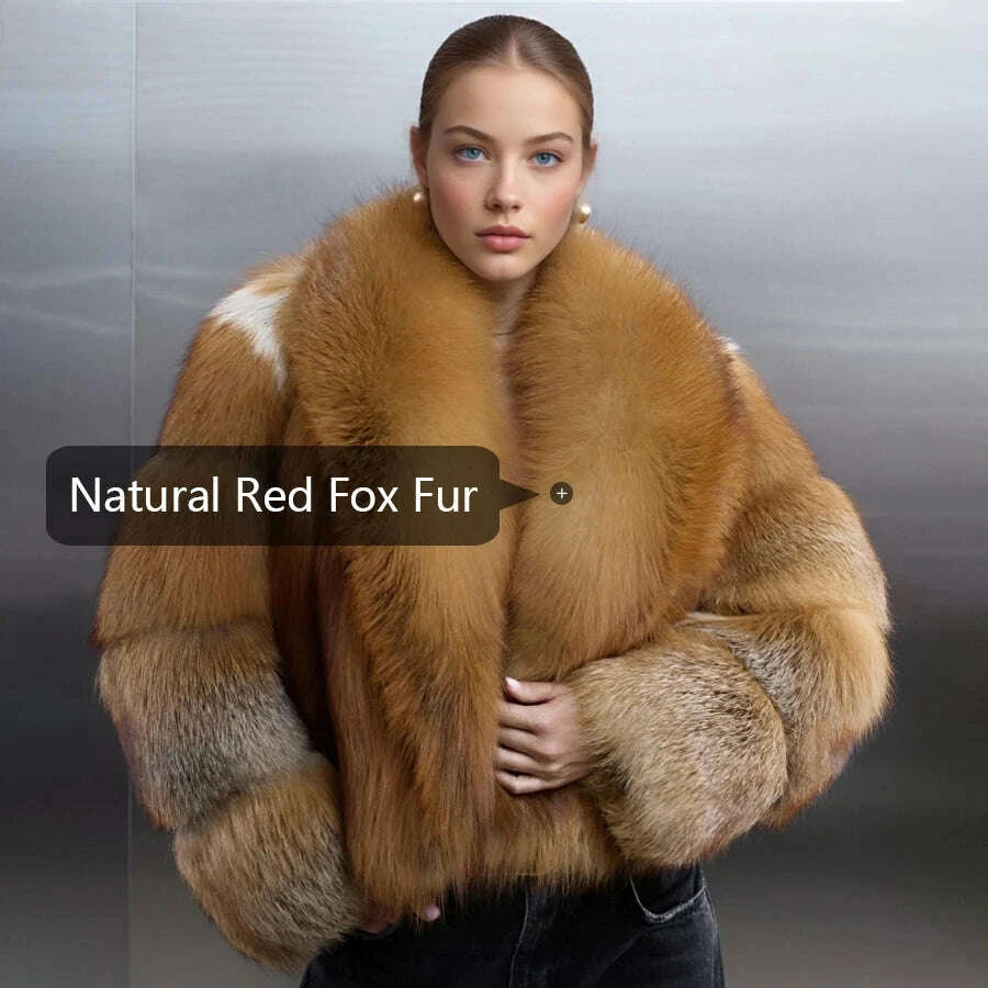 KIMLUD, Real Red Fox Fluffy Women’s Jacket Short Cropped Fox Fur Jacket With Lapel Genuine Fur Outerwear Hot Selling Bolero Jacket, KIMLUD Womens Clothes