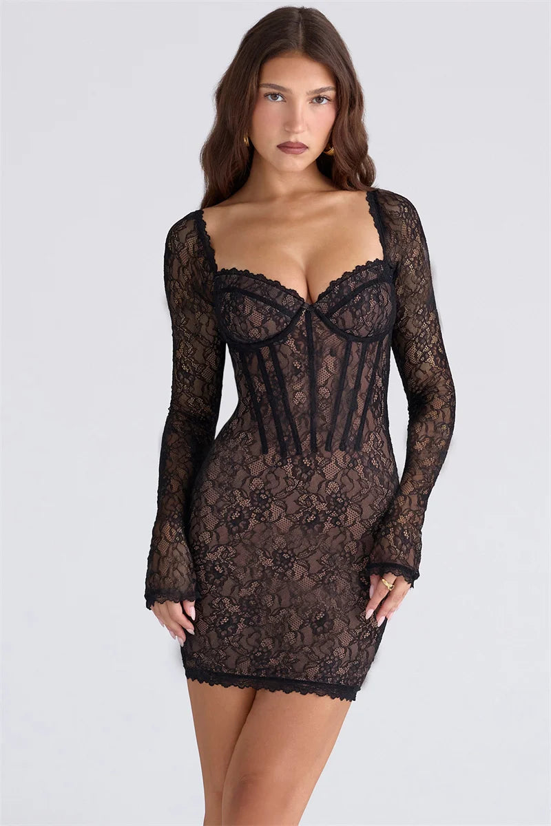 Mozision Square Collar Long Sleeve Lace Sexy Mini Dress Women Elegant Black Backless High Waist Bodycon Club Party Dress Female