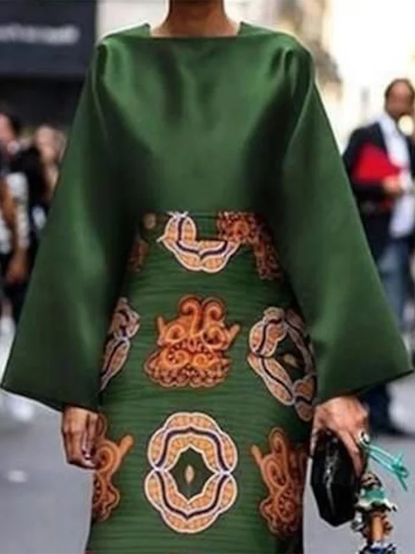 Krismile Women Spring Printed Midi Dresses 2024 Fashion Long Sleeves Round-Neck Midi Dresses Vintage Green Dresses - KIMLUD