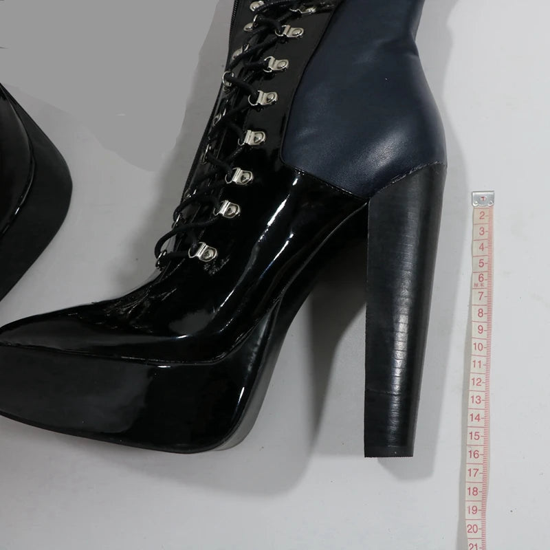 Sorbern Navy Blue Long Boots Women Fetish Style Block High Heel Pointed Toe Lace Up D-Hooks Mid Thigh High Boots Female Shoes