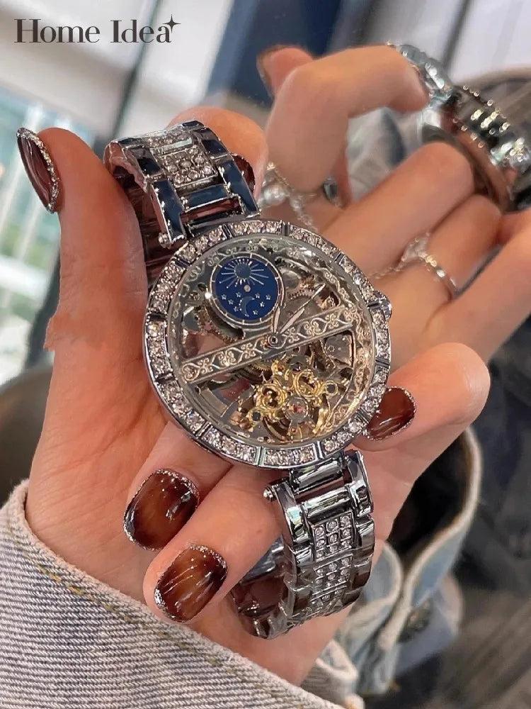 Stainless Steel Diamond Studded Wristwatch — Silver | KIMLUD