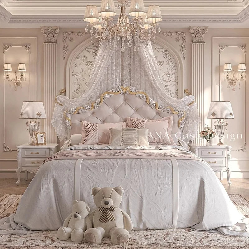 Solid Wood Bed European Court Carved — Ivory | KIMLUD