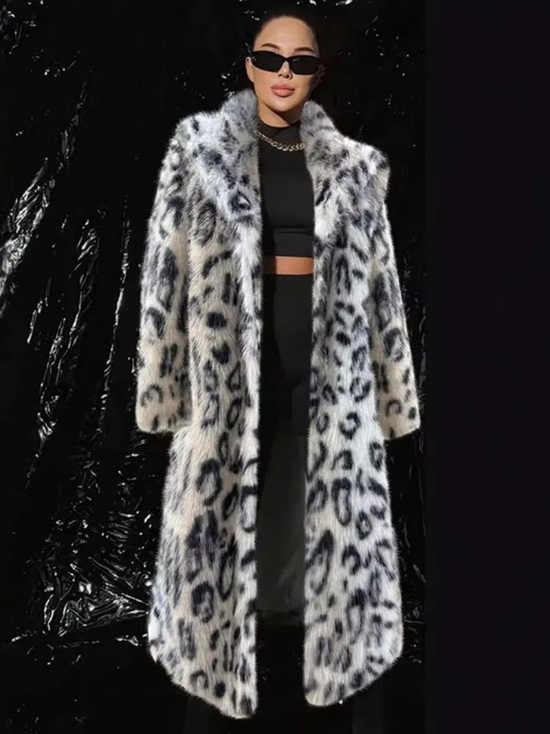 Coat - Belted Long Leopard Faux Fur - Leopard Print | KIMLUD