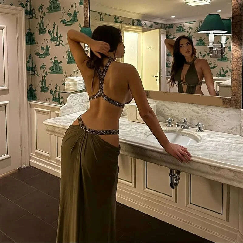 KIMLUD, Fashion Hollow Out Maxi Dress Women's Chic U-neck Long Sleeve Solid High Waist Slim Dresses 2025 Lady Sexy Party Vacation Gown, KIMLUD Womens Clothes