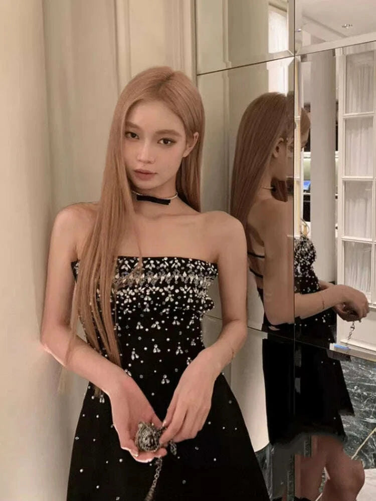 KIMLUD, Spring Women Sleeveless Slash Neck Mini Dress New Luxury Diamonds Chest Wrapping Dresses Summer High Waist Backless A-line Dress, KIMLUD Womens Clothes