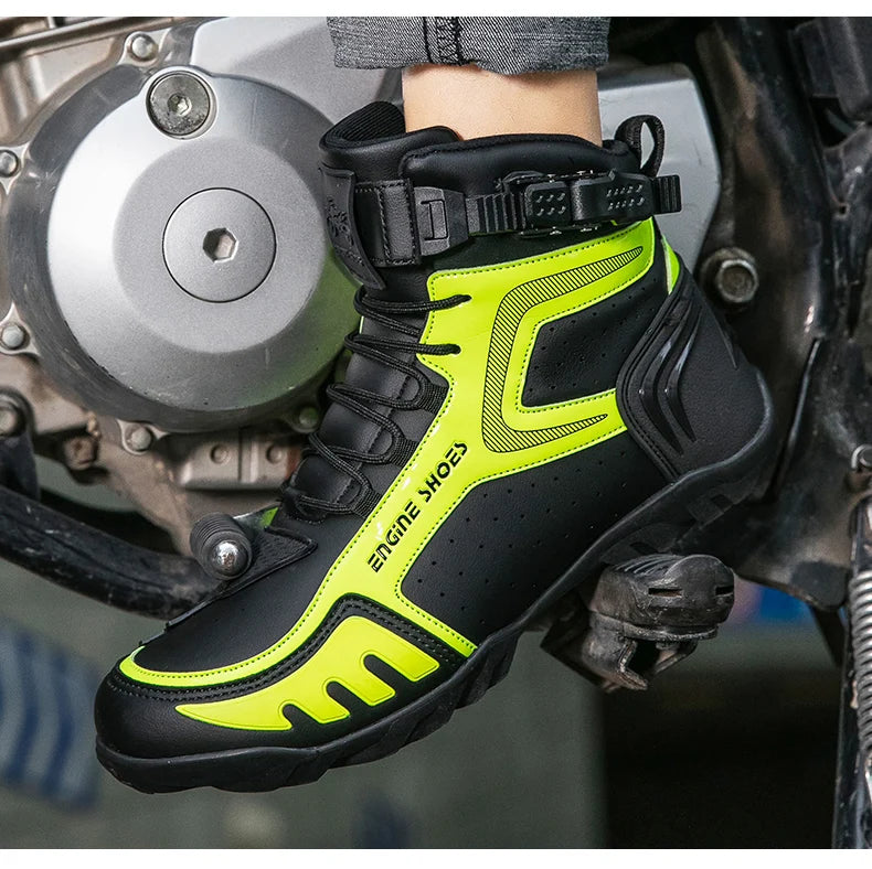 Motorcycle Riding Shoe High Top Buckle — Neon Yellow | KIMLUD