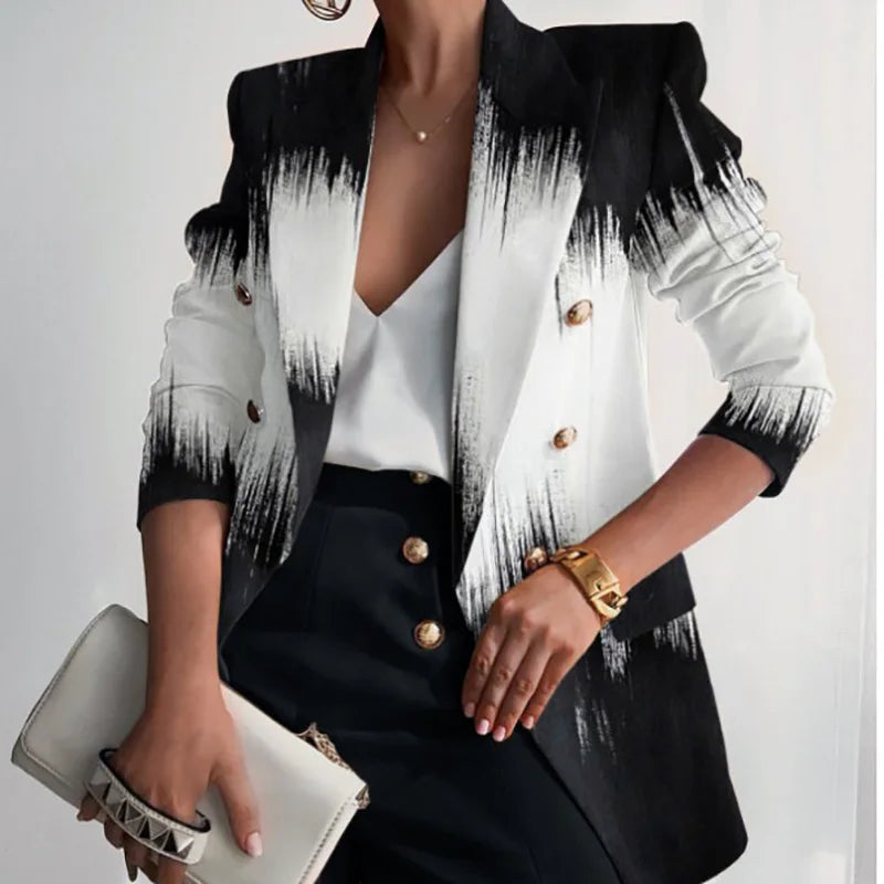 KIMLUD, Long Sleeve Button Patchwork Simple Outerwear, Women Spring Autumn Turn-Down Collar Chic Coats, New Print Fashion Ladies Blazers, KIMLUD Womens Clothes