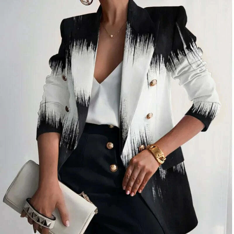 KIMLUD, Long Sleeve Button Patchwork Simple Outerwear, Women Spring Autumn Turn-Down Collar Chic Coats, New Print Fashion Ladies Blazers, KIMLUD Womens Clothes