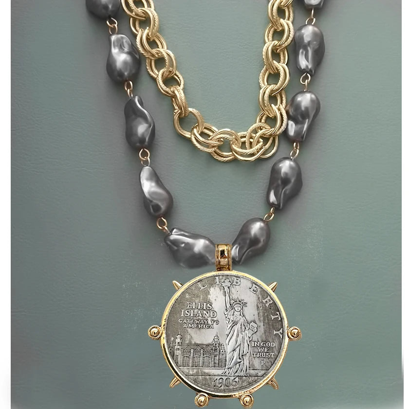 Choker Necklace - Coin Charm Pendant - Cubic Zirconia - Grey | KIMLUD