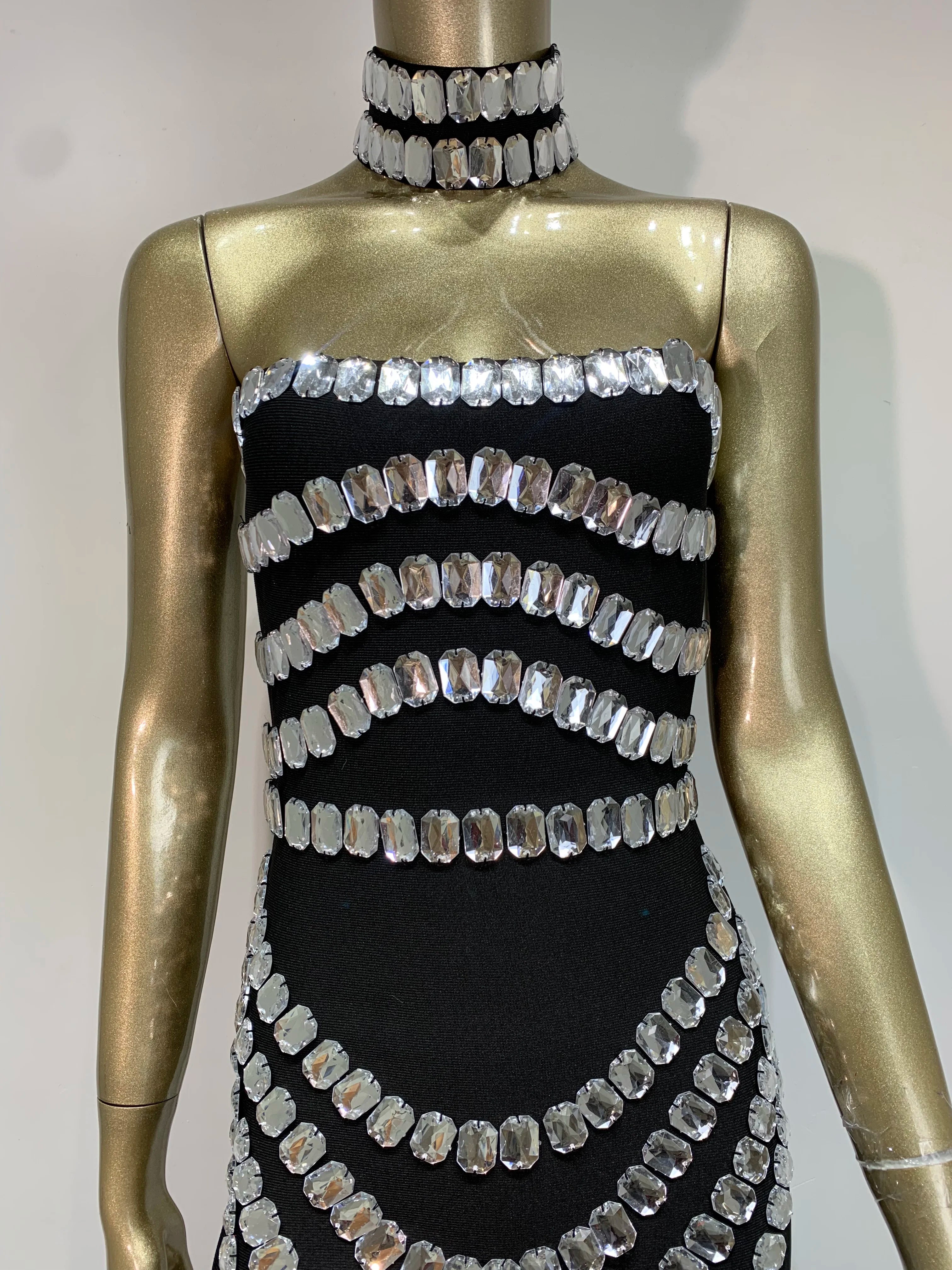 Brand New Ins 2025 Women Black Strapless Crystal Bandage Bodycon Dress Designer Collar Elegant Evening Party Dress Vestido