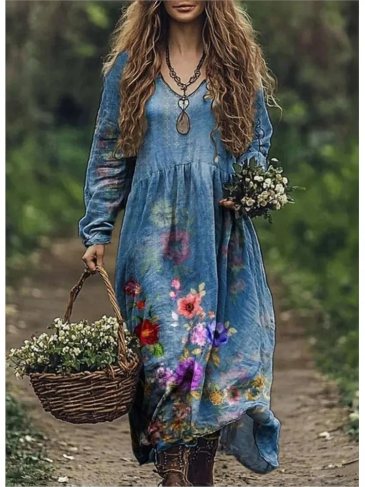 Boho Vintage Print Long Dresses For Women 2025 Casual V Neck Full Sleeve Splice High Waist Loose Dress Autumn Fashion Vestidos