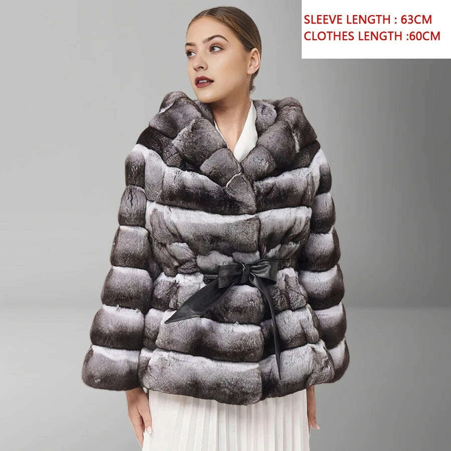 KIMLUD, Natural Rex Rabbit Fur Jacket With Hood Women's Winter Jacket Real Rabbit Fur Coat With Belt Hot Selling Genuine Leather Jackets, KIMLUD Womens Clothes