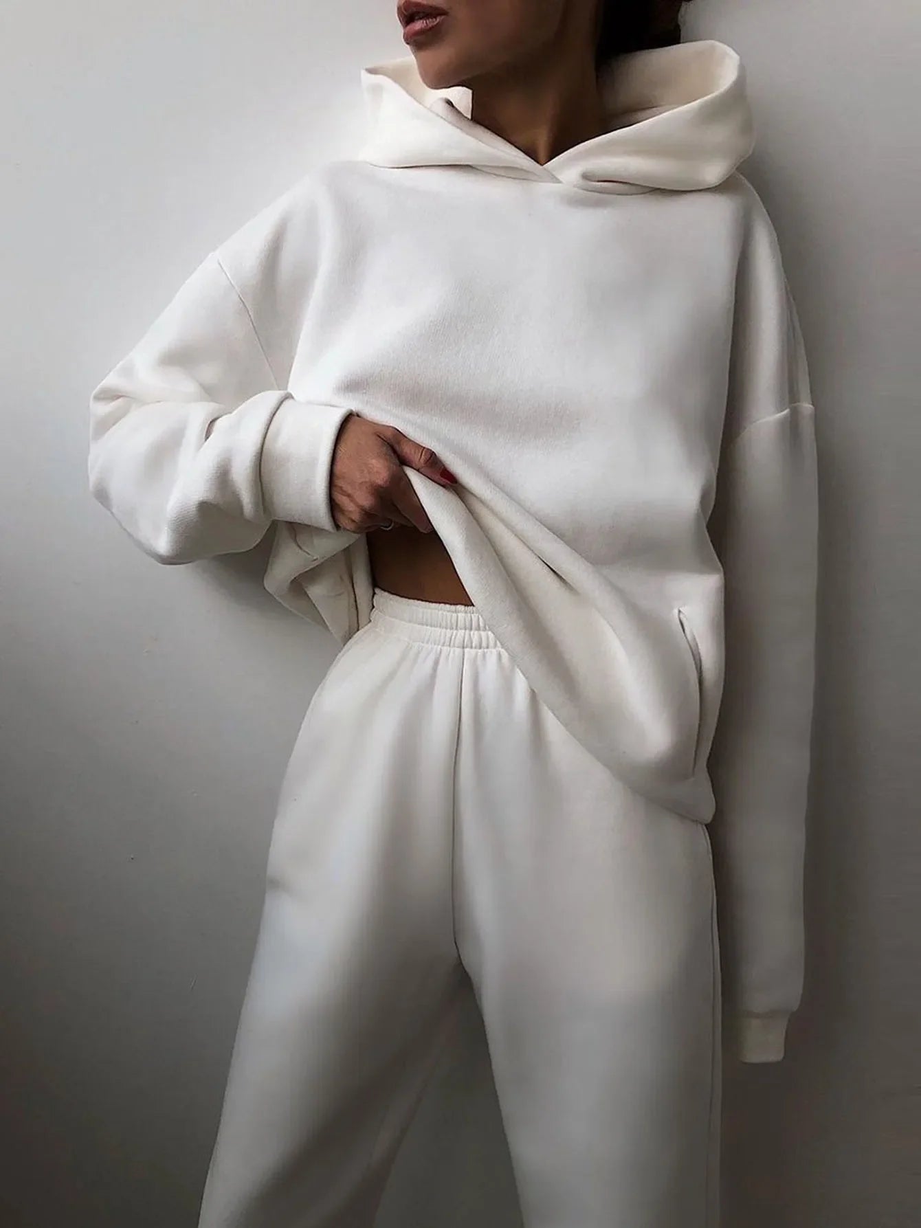 Fleece Tracksuit Two-Piece Hooded Set — Black | KIMLUD