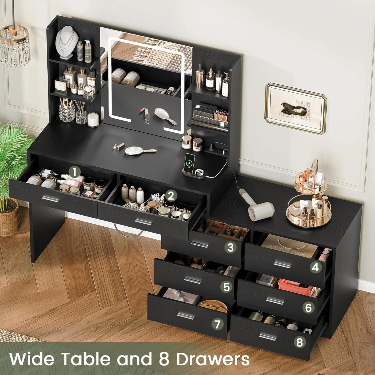 65.9" Vanity Desk with LED Lighted Mirror & Power Outlet, Modern Corner Makeup Vanity Table, Dressing Table for Bedroom